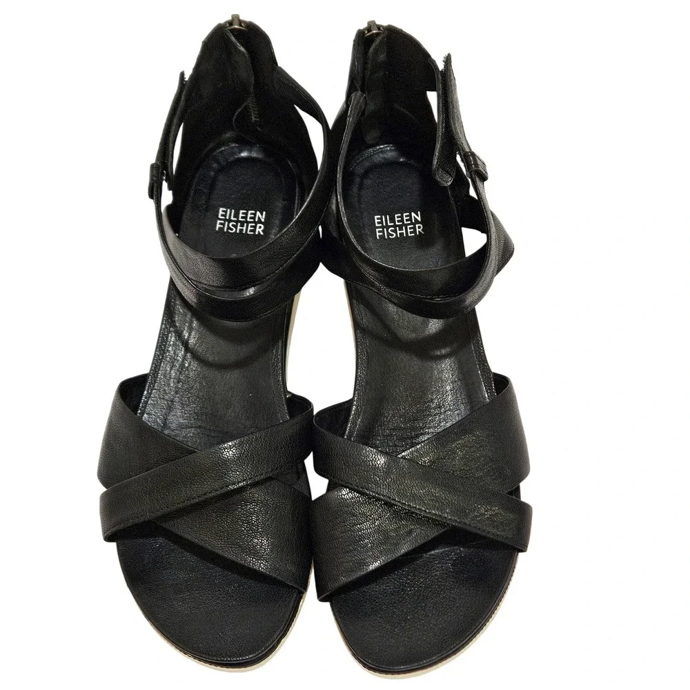 Black Leather‎ Eileen Fisher Sally Platform Wedge Crisscross Sandals Size 9.5